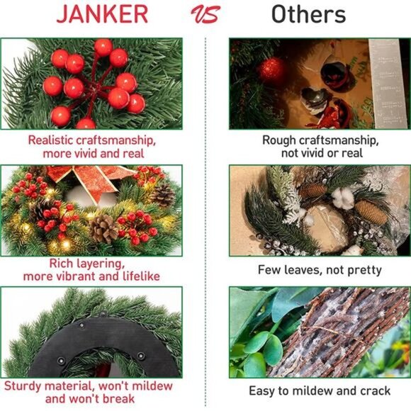 17’’ Christmas Wreath with 40 LED Lights & Hanger - Pre-Lit  Christmas  Wreaths - Picture 2 of 6